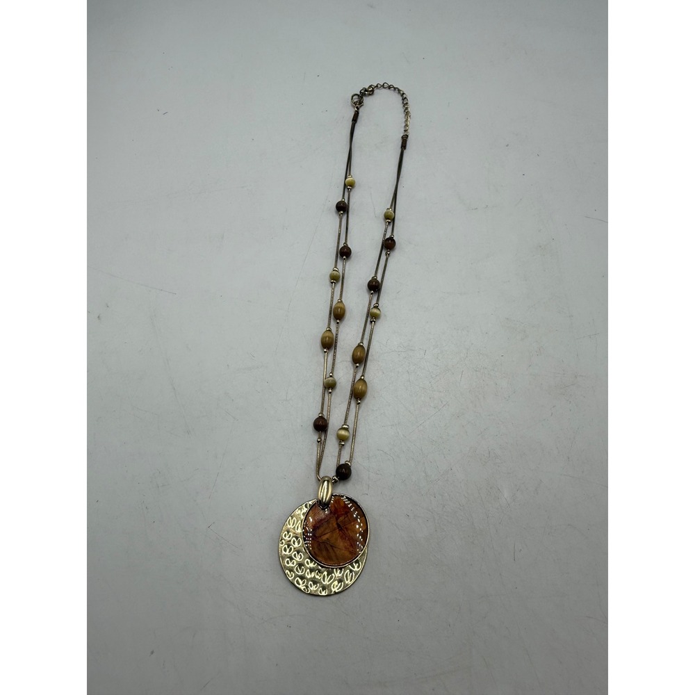 Gold Tone Multi Strand Beaded Necklace Amber Faux Stone Layered Pendant Boho